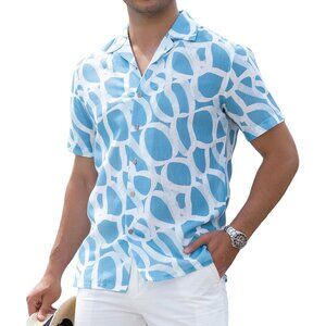 Men Blue White Short Sleeve Button Up Casual Shirt Lightweight Summer Beach